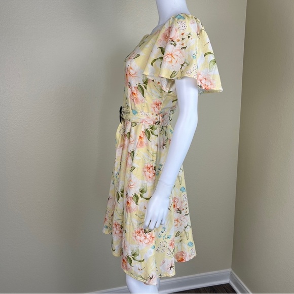Code By Lifestyle Women’s Size 12 Yellow Floral Linen Cotton Fit & Flare Dress - Picture 7 of 16